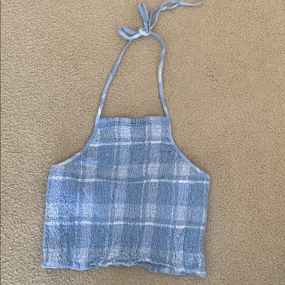 COPY - Blue and White Plaid AE scrunched tie tank